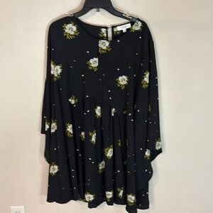 Umgee Black Floral Dress with Gathers and Keyhole Back and Front Size 1XL